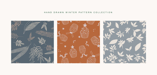 Hand drawn christmas theme seamless pattern in a set