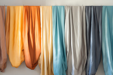 Colorful Fabric Swatches Hanging in Sunlit Room