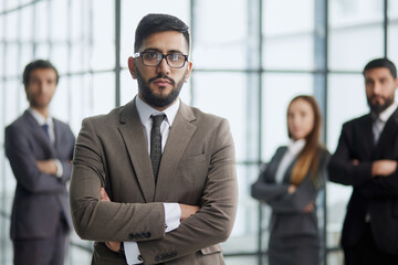 Fototapeta premium Portrait of successful diverse international business team friendly group of four coworkers
