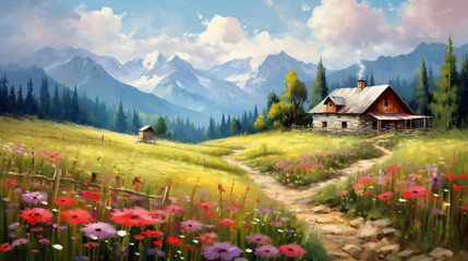 Idyllic countryside summer landscape with wooden old house