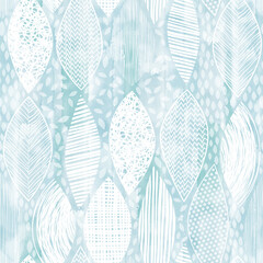 Seamless monochrome pattern with  abstract leaves on a blue watercolor. Art floral background. Perfect for design templates, wallpaper, wrapping, fabric and textile, print. - 758682940