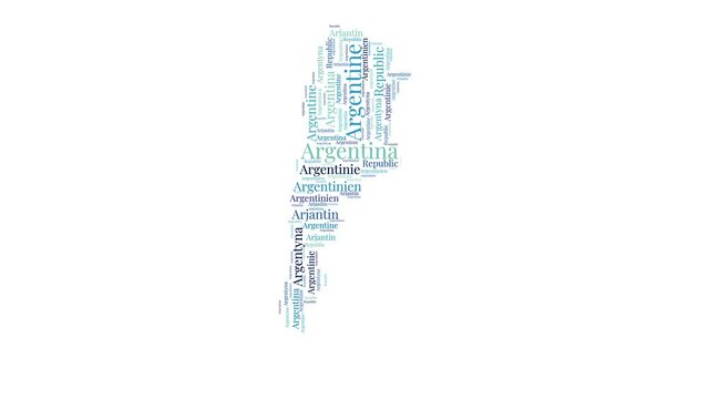 Argentina shape word cloud animation. Country boundary filled with country names animated. Argentina presentation video.