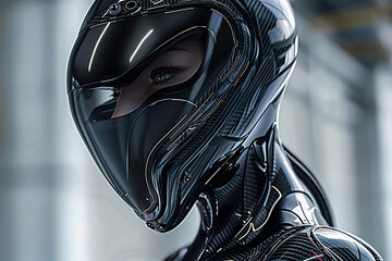 carbon fiber girl, close up of a person in a helmet, black and white mask