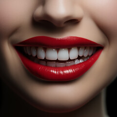 Teeth with bright red lips sparkle in this breathtaking image, showcasing the radiance of a woman's smile and her joyful expression. Concept of beautiful snow-white smile with white straight teeth