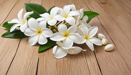 Fototapeta na wymiar white frangipani flowers on wooden table