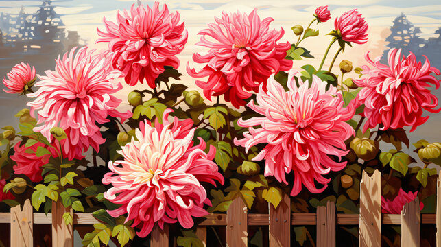 Illustration of oil painting of beautiful dahlias bushes