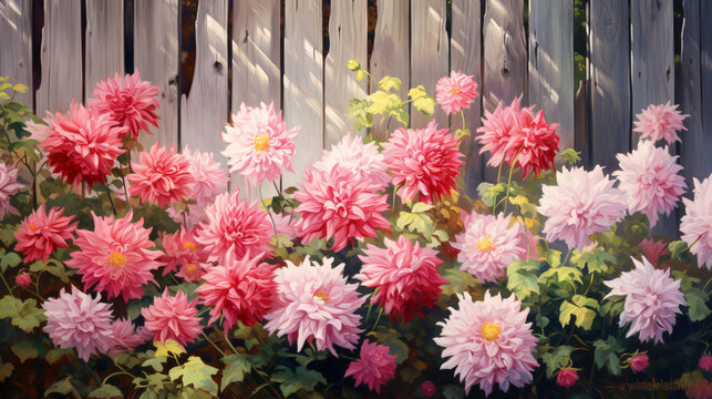 Illustration of oil painting of beautiful dahlias bushes