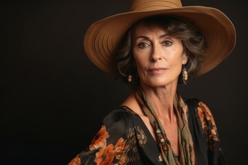 Portrait of a beautiful mature woman in hat on dark background.
