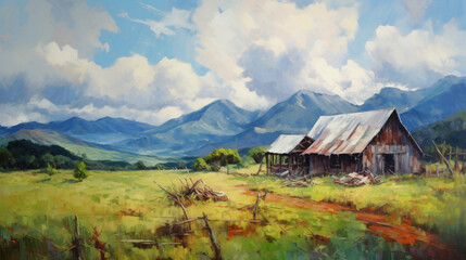 Fototapeta na wymiar Impressionism art oil painting old house farm as mount