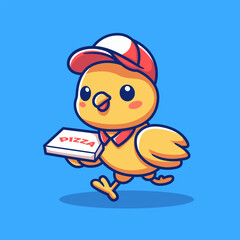 Cute Chicken Walk Delivery Pizza Cartoon Vector Icon Illustration