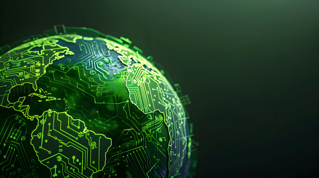 A semi - opaque globe with vibrant green continents made of circuit board patterns, against a dark navy background.