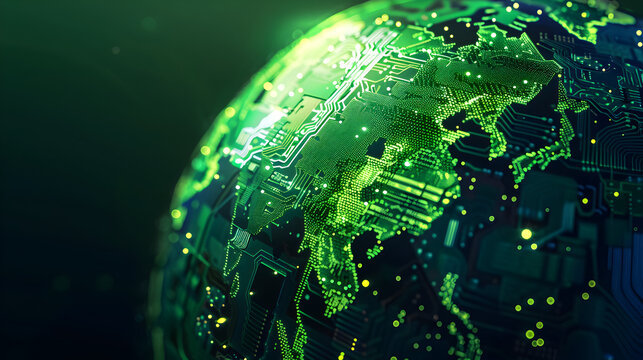 A semi - opaque globe with vibrant green continents made of circuit board patterns, against a dark navy background. - Powered by Adobe