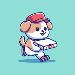 Cute Dog Walk Delivery Pizza Cartoon Vector Icon Illustration