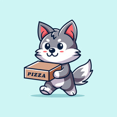 Cute Wolf Walk Delivery Pizza Cartoon Vector Icon Illustration
