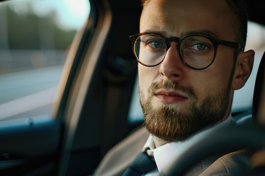 Focused businessman with glasses in suit riding in backseat of car, urban professional on the move - AI generated
