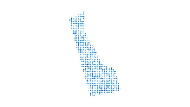 Delaware dotted digital map. Map of Delaware with pulsating colored circles. Shape of the US state filled with blue disks. Superb video.