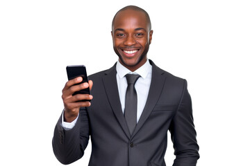 Happy businessman holding a mobile phone isolated on transparent background.