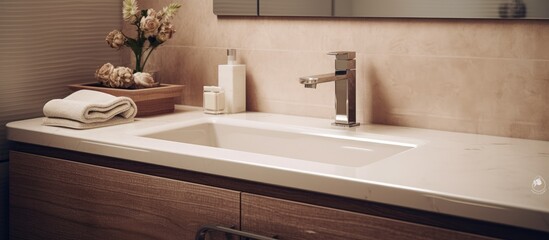 Interior design of a bathroom with a sink and faucet