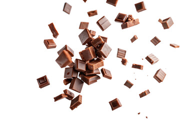 Chocolate pieces in mid-air. Assorted chunks and squares of rich brown chocolate isolated on a transparent background, conveying the concept of indulgence and sweet treats.