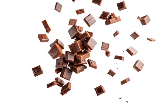 Chocolate pieces in mid-air. Assorted chunks and squares of rich brown chocolate isolated on a transparent background, conveying the concept of indulgence and sweet treats.