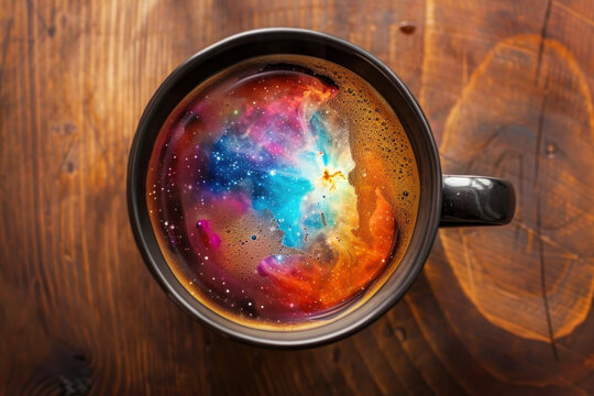 Cosmic galaxy scene within a coffee cup set against a starry background, creating a stunning celestial effect