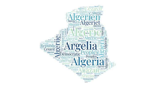 Algeria shape word cloud animation. Country boundary filled with country names animated. Algeria presentation video.