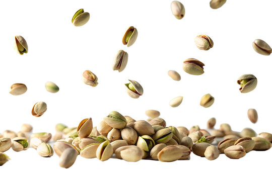 Pistachios in mid-air. Ripe pistachio nuts with shells partially open, caught in a moment of free fall isolated on a transparent background, perfect for health and culinary themes.