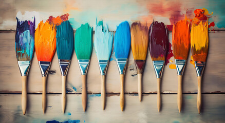Palette of Paintbrushes on Wooden Canvas