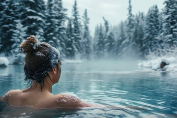 A woman in an outdoor pool surrounded by snowy trees, emanating a peaceful winter vibe - obrazy, fototapety, plakaty