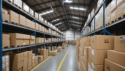 Interior of a warehouse with packages to be shipped and cardboard boxes