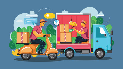 2d vector illustration A courier wearing a shirt is delivering a package mobile with location gps