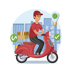2d vector illustration A courier wearing a shirt is delivering a package mobile with location gps