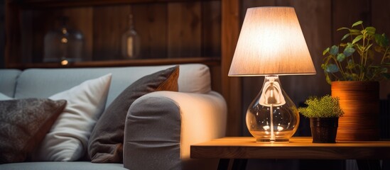 Interior decoration with a lamp on a wooden table