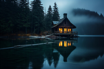 Obraz premium Cabin on lake, night, foggy sky