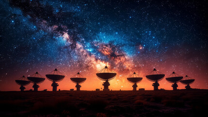 Satellite dishes arranged neatly under the Milky Way,generative ai