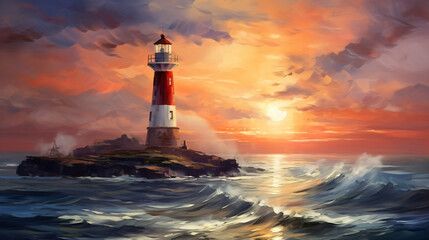 Lighthouse Seascape Oil Painting  Wall Art  Poster - obrazy, fototapety, plakaty