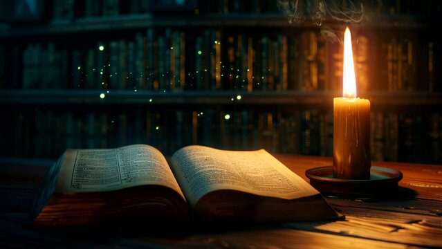 open book and candle of library, World Book Day concept video looping background 4k