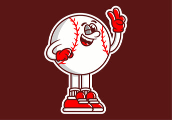 Character illustration of baseball ball with hands forming a symbol of peace. White red colors