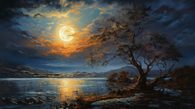 Lights the evening Moon oil painting ..   5