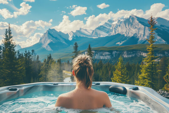 Woman enjoying a hot tub in a serene mountain landscape, with majestic peaks in the background