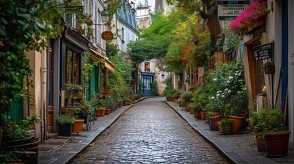 Fototapeta na wymiar Quaint Parisian neighborhood with iconic buildings and sights.