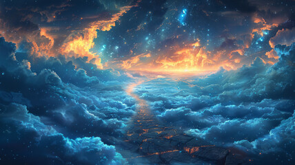 hyperrealistic, dreamy, stairway to heaven, clouds and starry night,generative ai