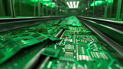 A semi - opaque image of a recycling conveyor belt with vibrant green materials made of circuit board patterns, against an emerald green background.