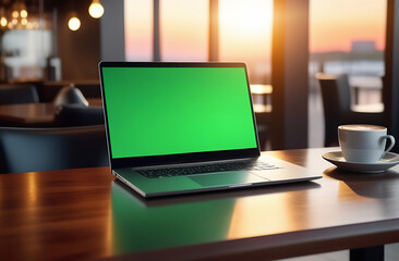 Mockup image of laptop with blank green screen on wooden table in cafe