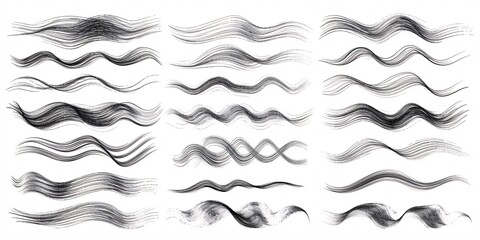 A collection of doodle-style sketchy lines and horizontal wavy strokes, featuring hand-drawn pencil marks and charcoal smudges, as well as strikethroughs and swirls with rough edges.