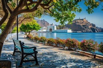 Muttrah Corniche, Muscat, Oman. Scenic View of Architecture and Blue Bay in the Capital City of Oman