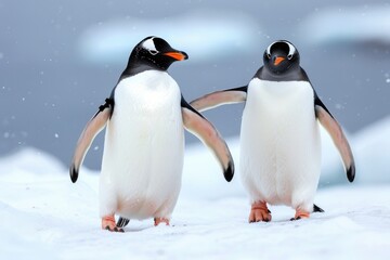 Obraz premium Nature's Wonders: Two Gentle Gentoo Penguins in the Wild - A Captivating Wildlife Image of Penguins in a Natural Habitat Perfect for Tourism, Travel & Animal Lovers