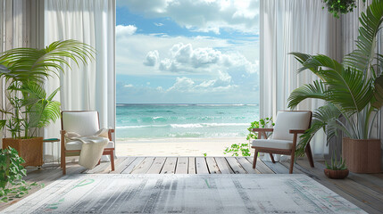 Fototapeta na wymiar Modern room interior near beach with sky and sea view.