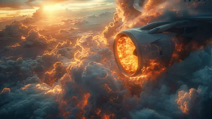 Foto op Plexiglas Fire burning in Jet engine of large aircraft while flying in the sky with dense clouds,generative ai © JKLoma