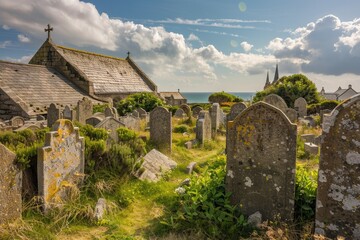 Peaceful Resting Place: An Old Cemetery near the Chapel of St. Ives Parish Church in Cornwall, England, Overlooking the Serene Harbor and Coast